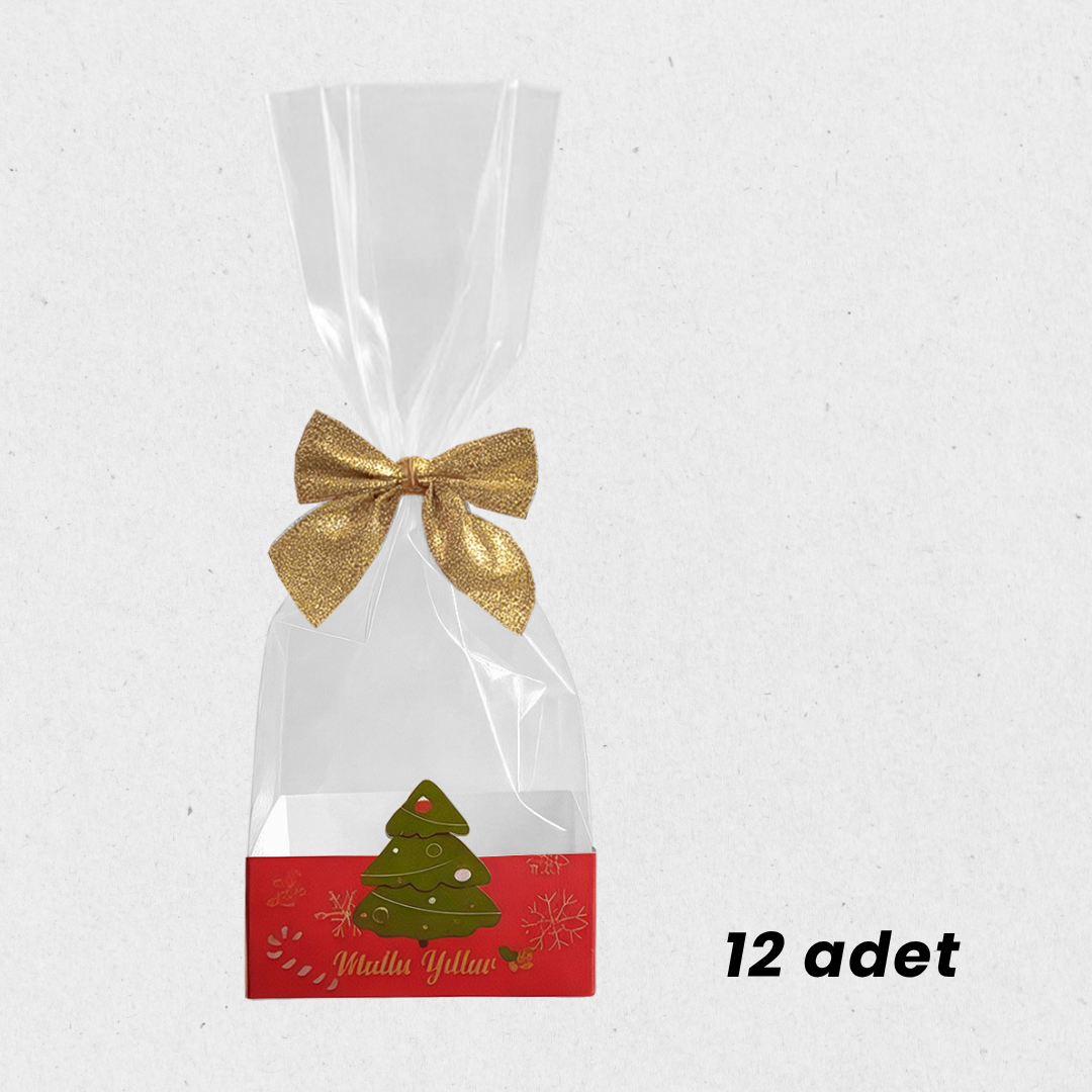 Şeffaf Opp Jelatin Ve Simli Altın Fiyonklu Şekerleme Kutusu, Yılbaşı Temalı Hediye Kutu, 12 Adet