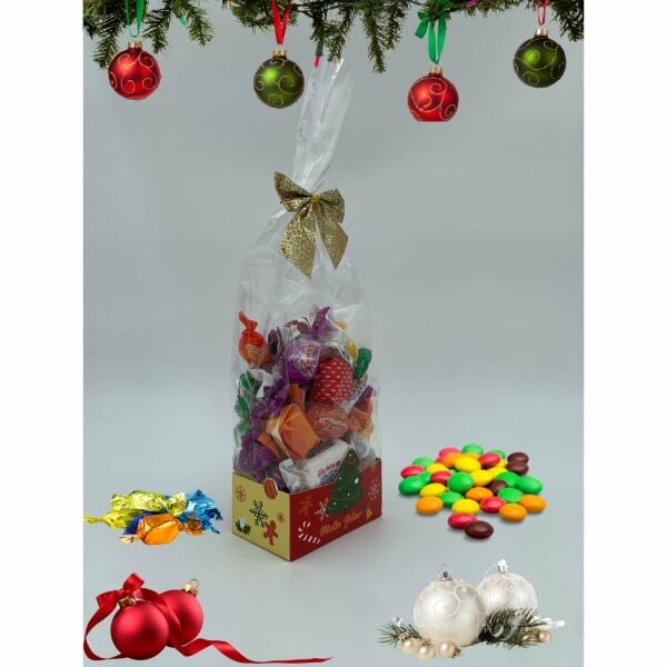 Şeffaf Opp Jelatin Ve Simli Altın Fiyonklu Şekerleme Kutusu, Yılbaşı Temalı Hediye Kutu, 12 Adet