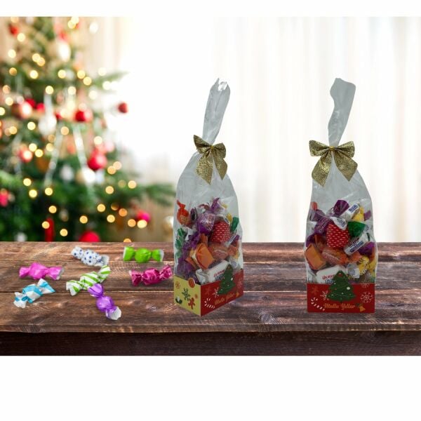 Şeffaf Opp Jelatin Ve Simli Altın Fiyonklu Şekerleme Kutusu, Yılbaşı Temalı Hediye Kutu, 12 Adet