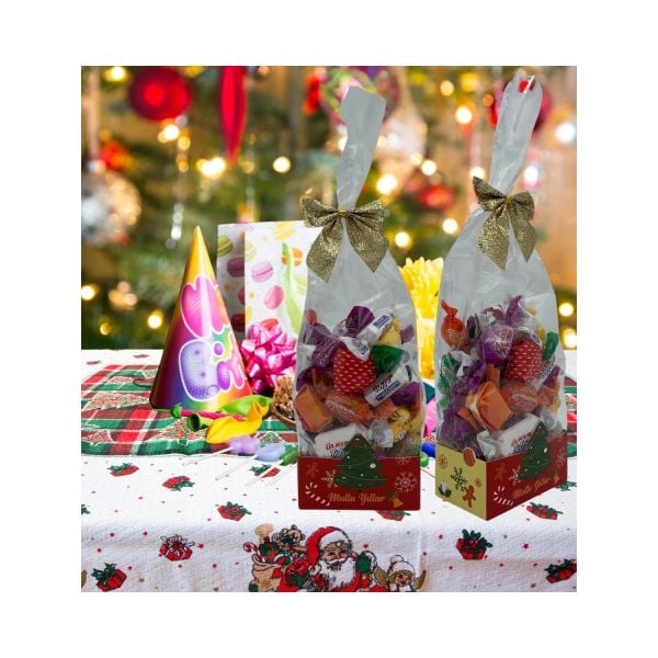 Şeffaf Opp Jelatin Ve Simli Altın Fiyonklu Şekerleme Kutusu, Yılbaşı Temalı Hediye Kutu, 12 Adet