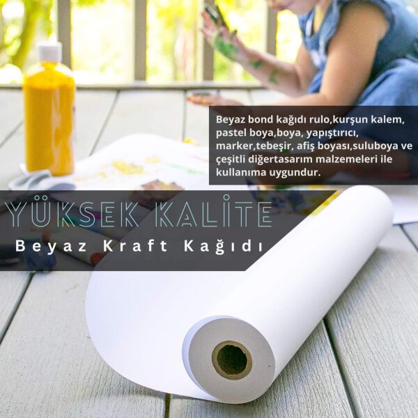 Beyaz Kraft Ambalaj ve Hediye Paketleme Kağıdı, Rulo Resim, Çeyiz Kağıdı, 80 gr-100 Cm x 50 Metre