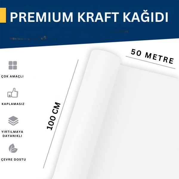 Beyaz Kraft Ambalaj ve Hediye Paketleme Kağıdı, Rulo Resim, Çeyiz Kağıdı, 80 gr-100 Cm x 50 Metre