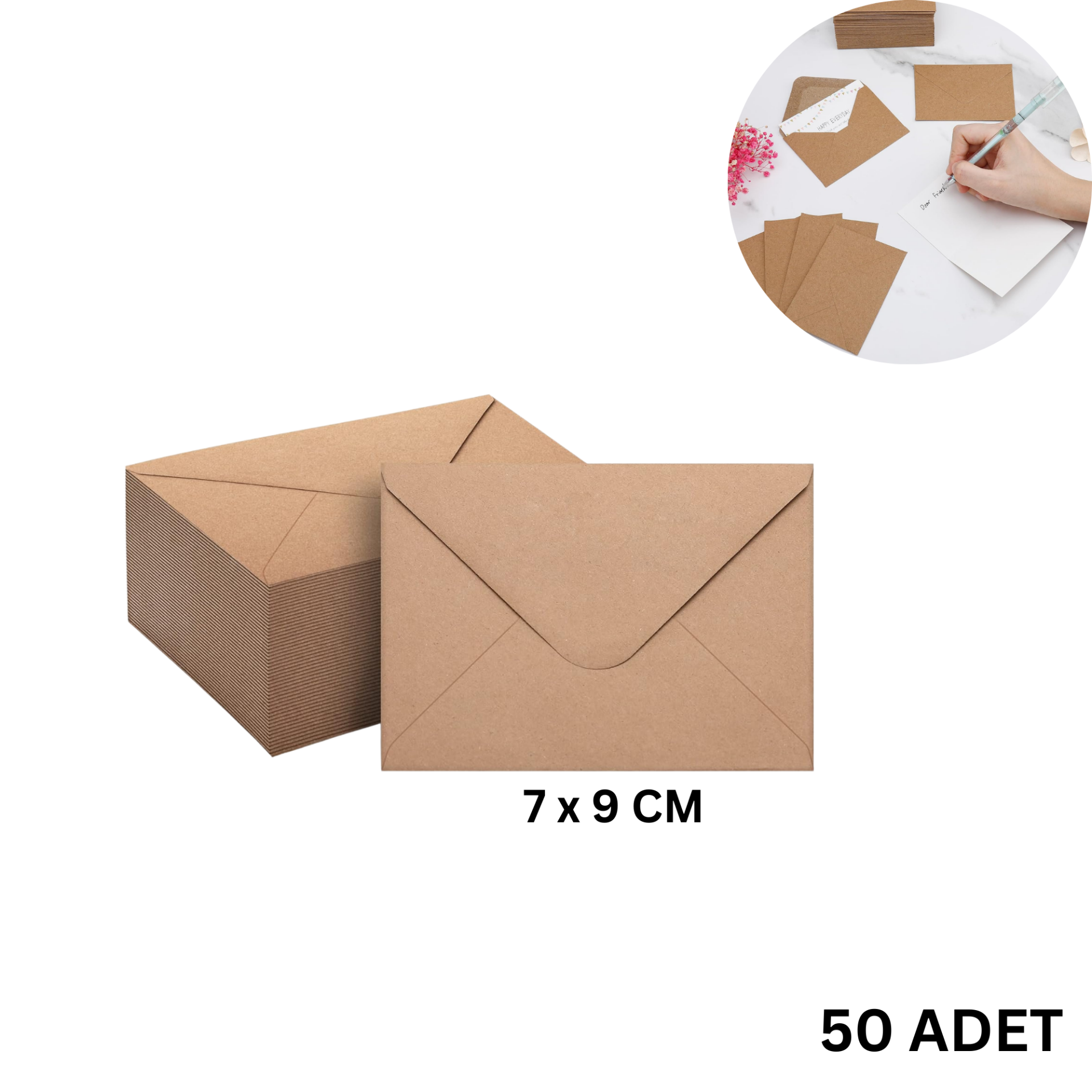Kraft Zarf Seti, 50’li Paket – 7x9 cm, Mini Boy Davetiye, Kart, Fotoğraf ve Özel Gün Zarfları