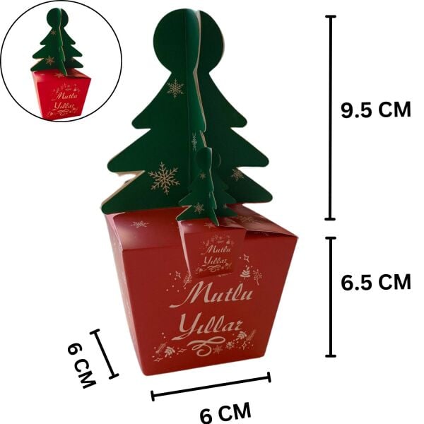 Yılbaşı Çam Ağacı Saplı Hediye Kutu, 6 Adet, Yeniyıl Parti, Dekor, Süs Kutusu, 6 x 6 x 16 Cm