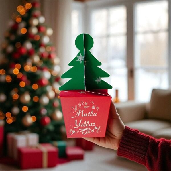 Yılbaşı Çam Ağacı Saplı Hediye Kutu, 6 Adet, Yeniyıl Parti, Dekor, Süs Kutusu, 6 x 6 x 16 Cm
