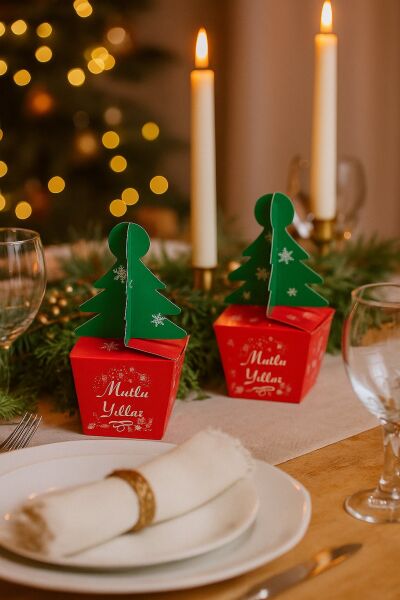 Yılbaşı Çam Ağacı Saplı Hediye Kutu, 6 Adet, Yeniyıl Parti, Dekor, Süs Kutusu, 6 x 6 x 16 Cm