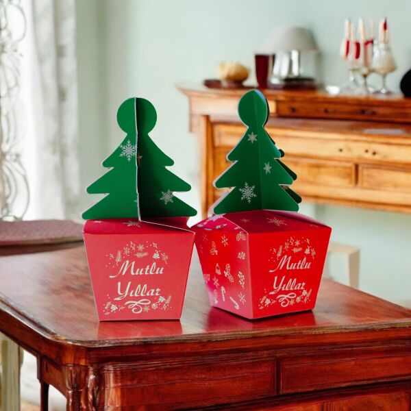 Yılbaşı Çam Ağacı Saplı Hediye Kutu, 6 Adet, Yeniyıl Parti, Dekor, Süs Kutusu, 6 x 6 x 16 Cm