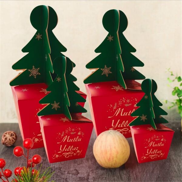 Yılbaşı Çam Ağacı Saplı Hediye Kutu, 6 Adet, Yeniyıl Parti, Dekor, Süs Kutusu, 6 x 6 x 16 Cm