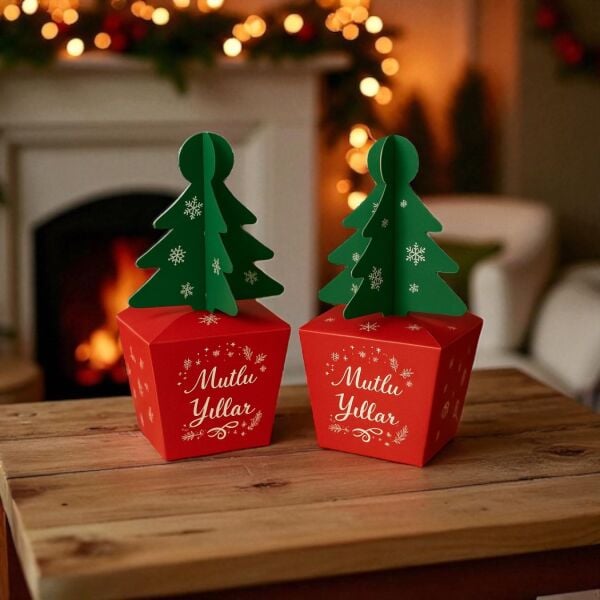 Yılbaşı Çam Ağacı Saplı Hediye Kutu, 6 Adet, Yeniyıl Parti, Dekor, Süs Kutusu, 6 x 6 x 16 Cm