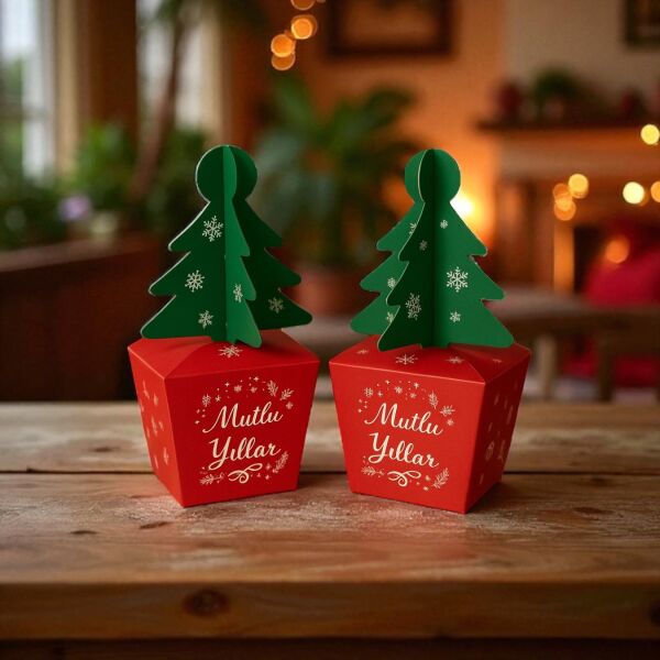 Yılbaşı Çam Ağacı Saplı Hediye Kutu, 6 Adet, Yeniyıl Parti, Dekor, Süs Kutusu, 6 x 6 x 16 Cm