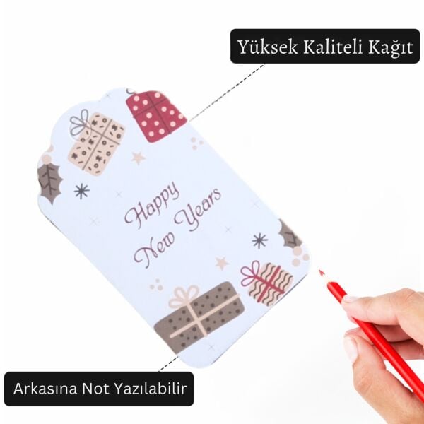 Yılbaşı Happy New Years Yazılı Hediye Etiketi, Yeniyıl Paketleme Kartı, 50 Adet-4,5x7.5Cm, Beyaz