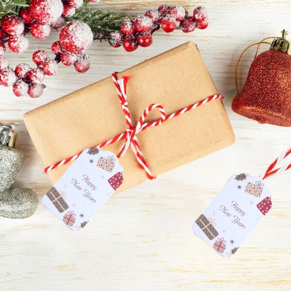 Yılbaşı Happy New Years Yazılı Hediye Etiketi, Yeniyıl Paketleme Kartı, 50 Adet-4,5x7.5Cm, Beyaz