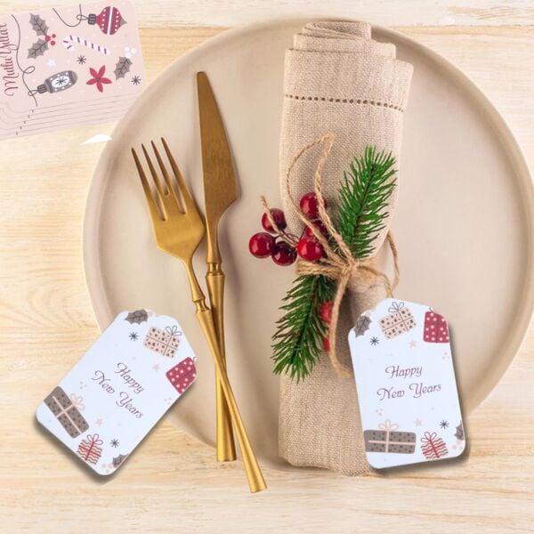 Yılbaşı Happy New Years Yazılı Hediye Etiketi, Yeniyıl Paketleme Kartı, 50 Adet-4,5x7.5Cm, Beyaz