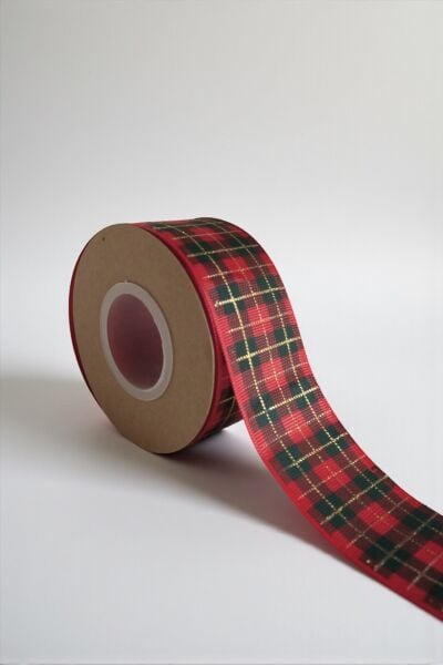 Yılbaşı Grogren Kurdele – Ekose Desenli Hediye Paketleme, Hobi Süsleme Şeridi, 4 Cm - 18 M