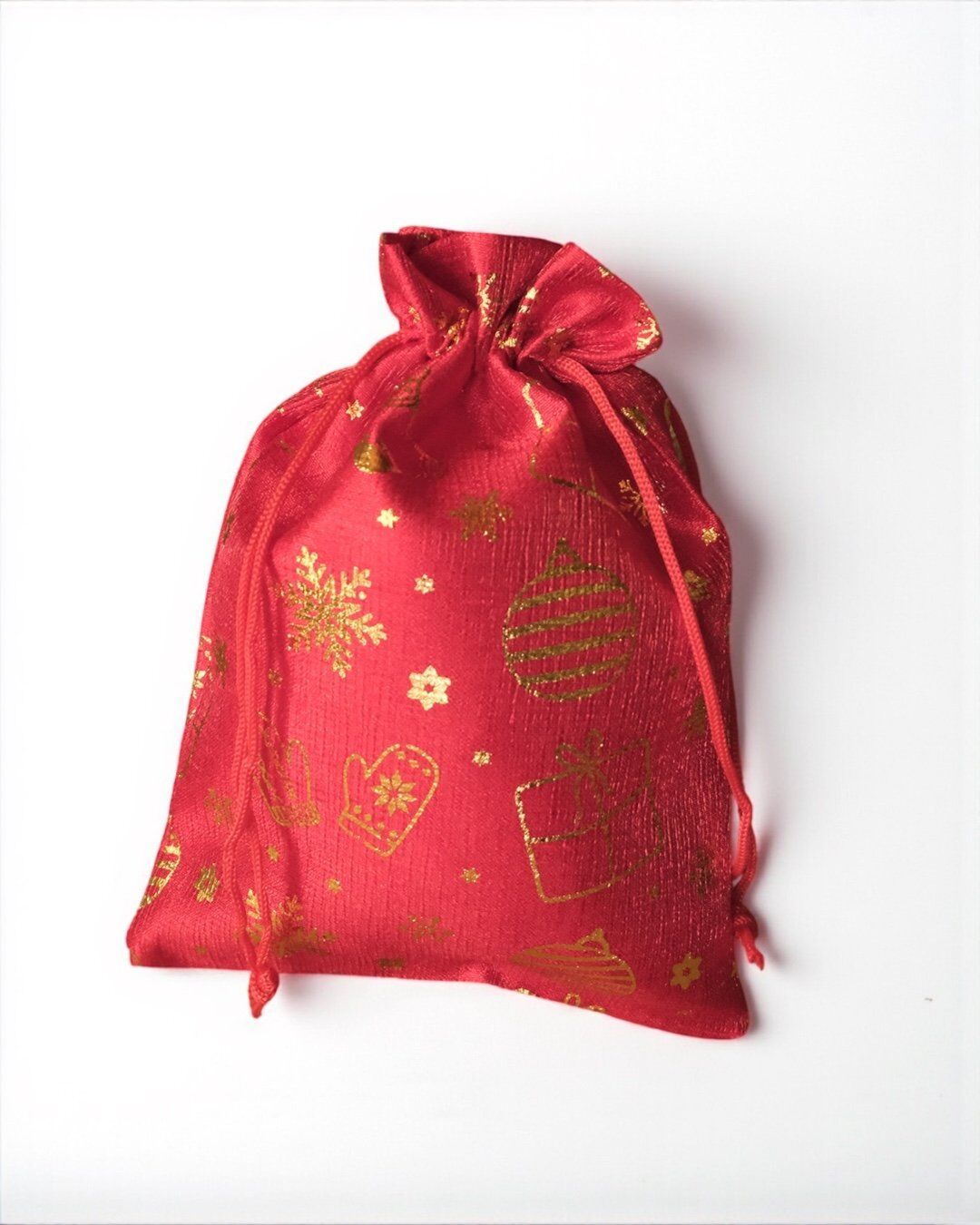 Yılbaşı Altın Varak Baskılı Kumaş Hediye Kesesi, Büyük Boy Hediye Torbası, Kırmızı, 12 Adet-17x23 Cm