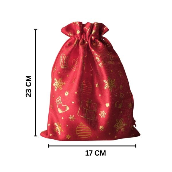 Yılbaşı Altın Varak Baskılı Kumaş Hediye Kesesi, Büyük Boy Hediye Torbası, Kırmızı, 12 Adet-17x23 Cm