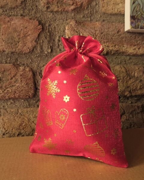 Yılbaşı Altın Varak Baskılı Kumaş Hediye Kesesi, Büyük Boy Hediye Torbası, Kırmızı, 12 Adet-17x23 Cm