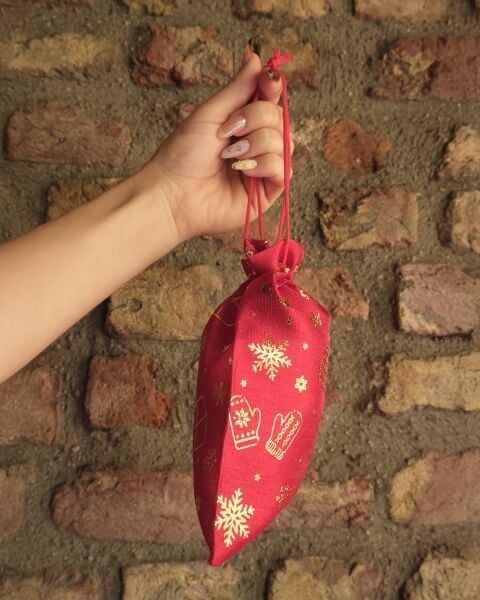 Yılbaşı Altın Varak Baskılı Kumaş Hediye Kesesi, Büyük Boy Hediye Torbası, Kırmızı, 12 Adet-17x23 Cm