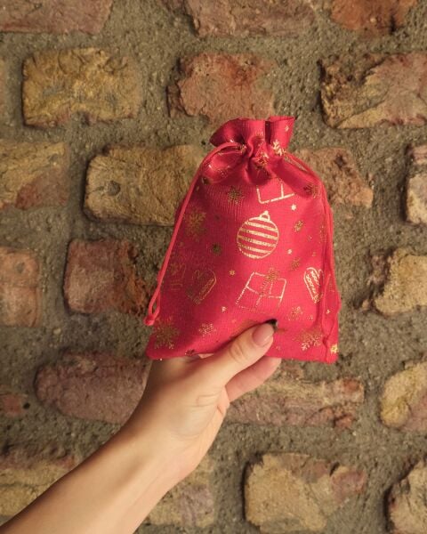 Yılbaşı Altın Varak Baskılı Kumaş Hediye Kesesi, Büyük Boy Hediye Torbası, Kırmızı, 12 Adet-17x23 Cm