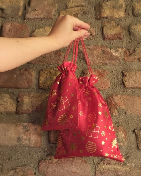 Yılbaşı Altın Varak Baskılı Kumaş Hediye Kesesi, Büyük Boy Hediye Torbası, Kırmızı, 12 Adet-17x23 Cm
