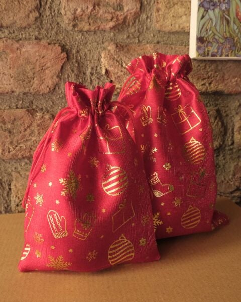 Yılbaşı Altın Varak Baskılı Kumaş Hediye Kesesi, Büyük Boy Hediye Torbası, Kırmızı, 12 Adet-17x23 Cm