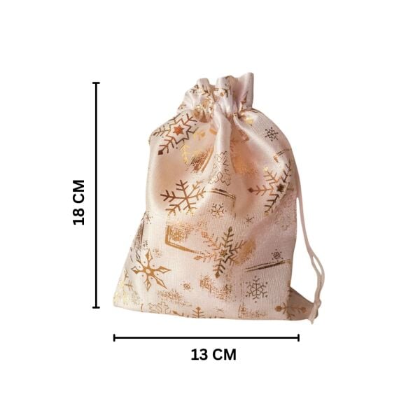 Yılbaşı Altın Varak Baskılı Kumaş Hediye Kesesi, Küçük Boy Hediye Torbası, Beyaz, 12 Adet-13x18 Cm