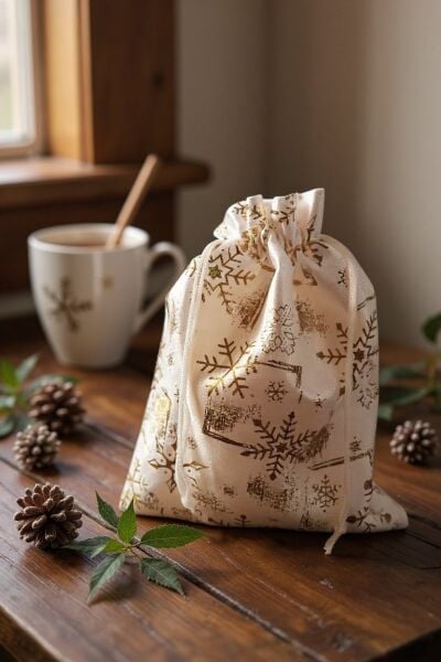 Yılbaşı Altın Varak Baskılı Kumaş Hediye Kesesi, Küçük Boy Hediye Torbası, Beyaz, 12 Adet-13x18 Cm