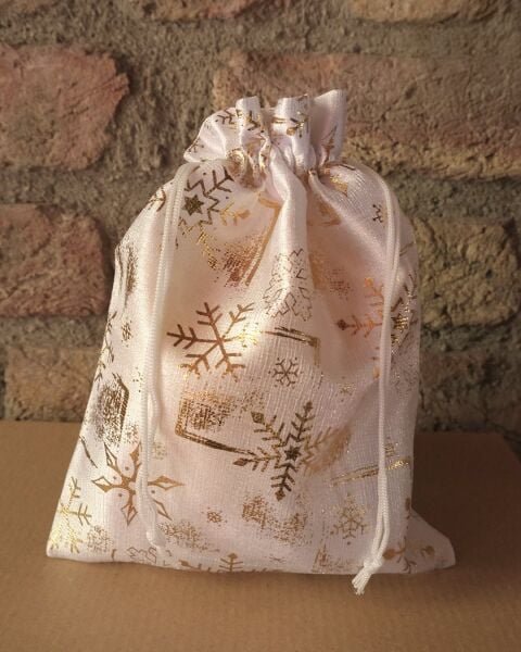 Yılbaşı Altın Varak Baskılı Kumaş Hediye Kesesi, Küçük Boy Hediye Torbası, Beyaz, 12 Adet-13x18 Cm