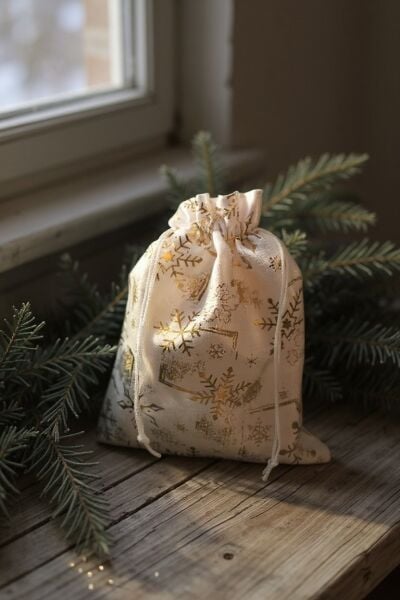 Yılbaşı Altın Varak Baskılı Kumaş Hediye Kesesi, Küçük Boy Hediye Torbası, Beyaz, 12 Adet-13x18 Cm