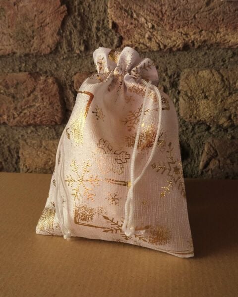 Yılbaşı Altın Varak Baskılı Kumaş Hediye Kesesi, Küçük Boy Hediye Torbası, Beyaz, 12 Adet-13x18 Cm