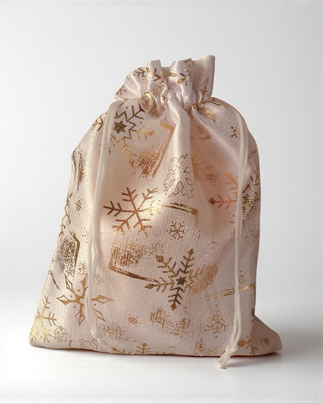 Yılbaşı Altın Varak Baskılı Kumaş Hediye Kesesi, Büyük Boy Hediye Torbası, Beyaz, 12 Adet-17x23 Cm