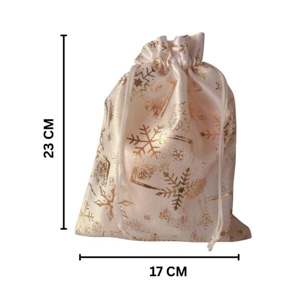 Yılbaşı Altın Varak Baskılı Kumaş Hediye Kesesi, Büyük Boy Hediye Torbası, Beyaz, 12 Adet-17x23 Cm