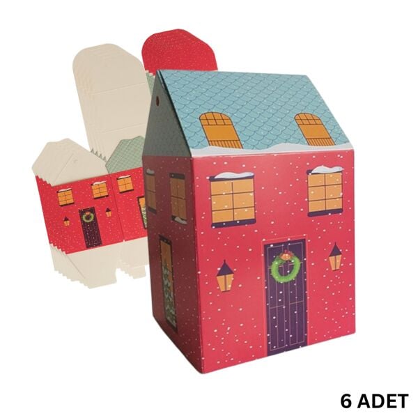 Yılbaşı Ev Tasarımlı Kutu Çanta, Yeniyıl, Parti, Hediye Çantası, 6lı, 8.5x8.5x14 Cm, Kırmızı-Mavi