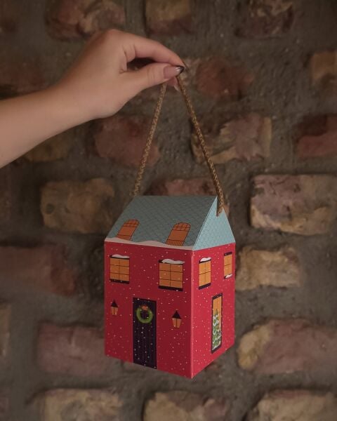 Yılbaşı Ev Tasarımlı Kutu Çanta, Yeniyıl, Parti, Hediye Çantası, 6lı, 8.5x8.5x14 Cm, Kırmızı-Mavi