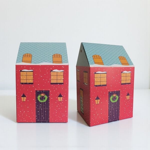 Yılbaşı Ev Tasarımlı Kutu Çanta, Yeniyıl, Parti, Hediye Çantası, 6lı, 8.5x8.5x14 Cm, Kırmızı-Mavi