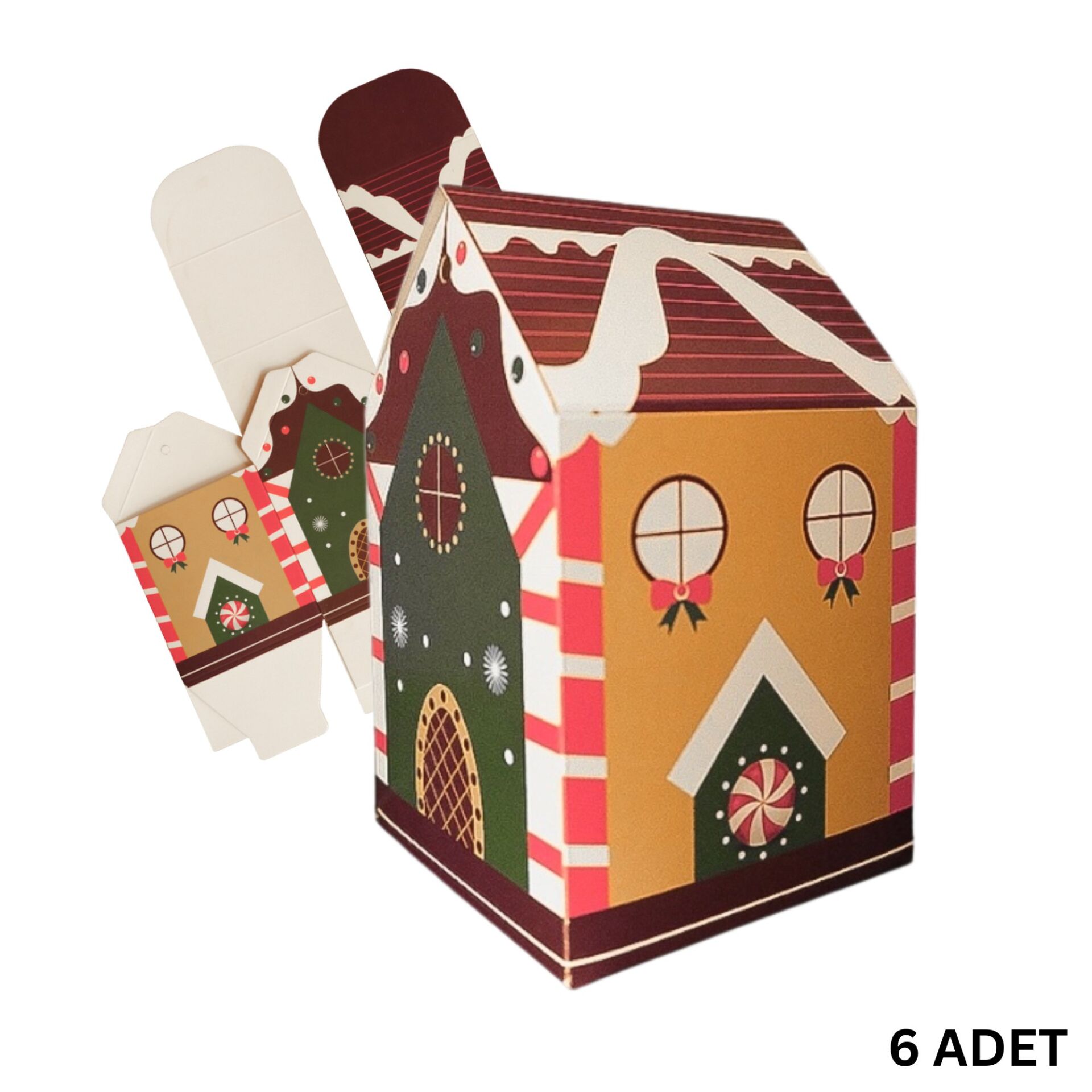 Yılbaşı Ev Tasarımlı Kutu Çanta, Yeniyıl, Parti, Hediye Çantası, 6lı, 8.5x8.5x14 Cm, Kahve Çatılı