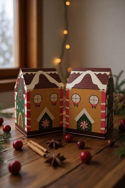 Yılbaşı Ev Tasarımlı Kutu Çanta, Yeniyıl, Parti, Hediye Çantası, 6lı, 8.5x8.5x14 Cm, Kahve Çatılı