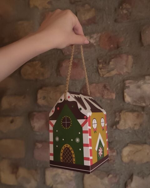 Yılbaşı Ev Tasarımlı Kutu Çanta, Yeniyıl, Parti, Hediye Çantası, 6lı, 8.5x8.5x14 Cm, Kahve Çatılı