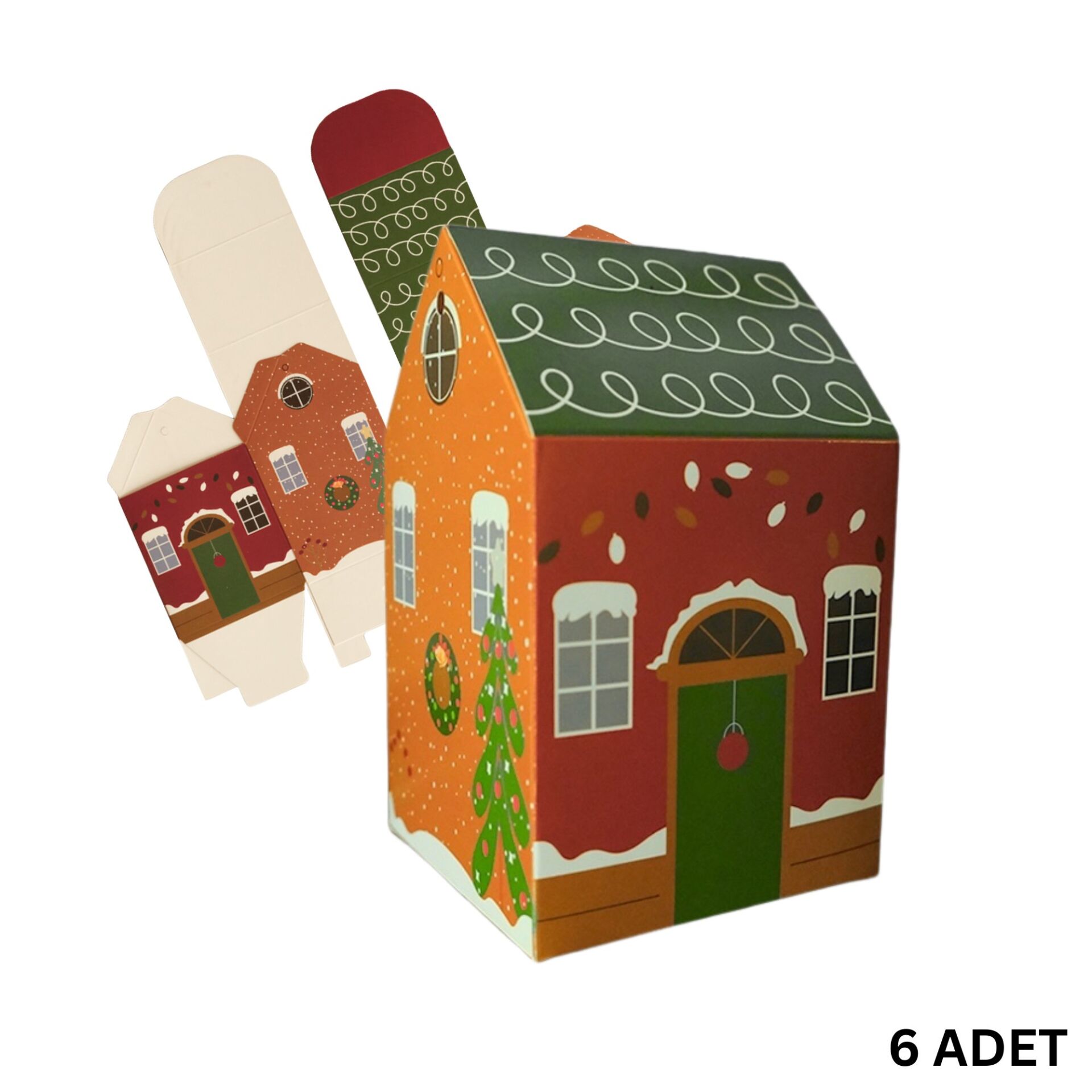 Yılbaşı Ev Tasarımlı Kutu Çanta, Yeniyıl, Parti, Hediye Çantası, 6lı, 8.5x8.5x14 Cm, Yeşil Çatılı