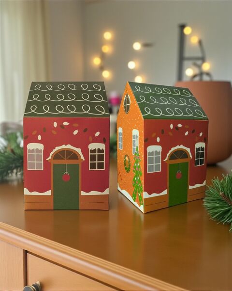 Yılbaşı Ev Tasarımlı Kutu Çanta, Yeniyıl, Parti, Hediye Çantası, 6lı, 8.5x8.5x14 Cm, Yeşil Çatılı