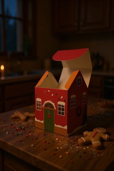 Yılbaşı Ev Tasarımlı Kutu Çanta, Yeniyıl, Parti, Hediye Çantası, 6lı, 8.5x8.5x14 Cm, Yeşil Çatılı