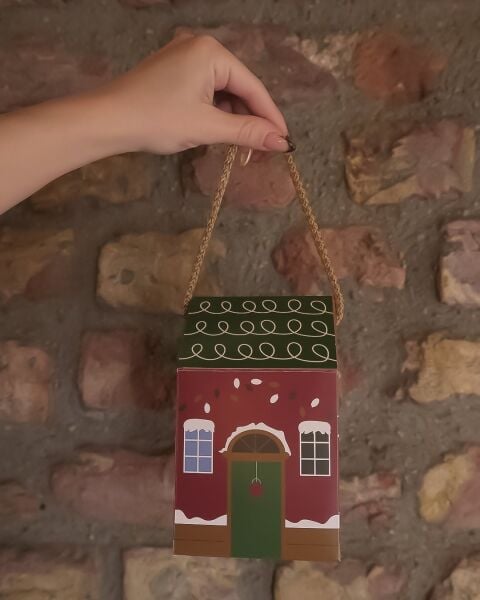 Yılbaşı Ev Tasarımlı Kutu Çanta, Yeniyıl, Parti, Hediye Çantası, 6lı, 8.5x8.5x14 Cm, Yeşil Çatılı