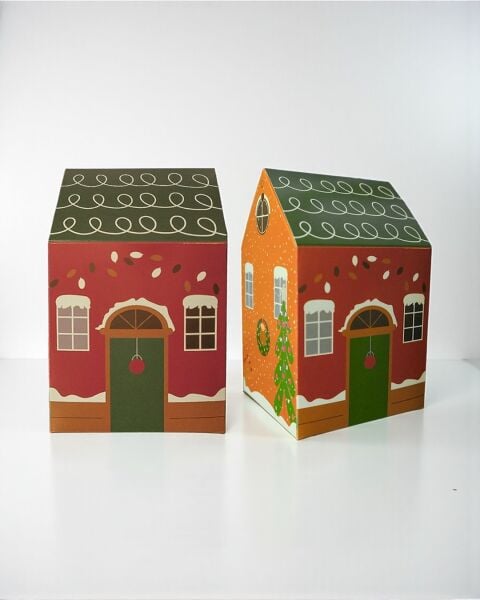 Yılbaşı Ev Tasarımlı Kutu Çanta, Yeniyıl, Parti, Hediye Çantası, 6lı, 8.5x8.5x14 Cm, Yeşil Çatılı