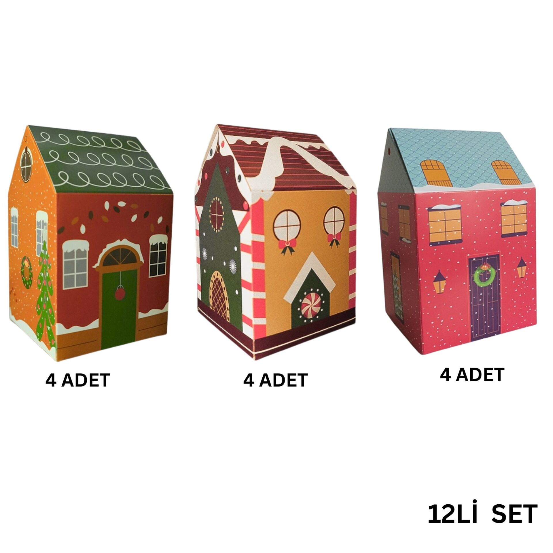 Yılbaşı Ev Tasarımlı Kutu Çanta Seti, Parti, Hediye Çantası, 12li, 8.5x8.5x14 Cm (3 Farklı Desen)