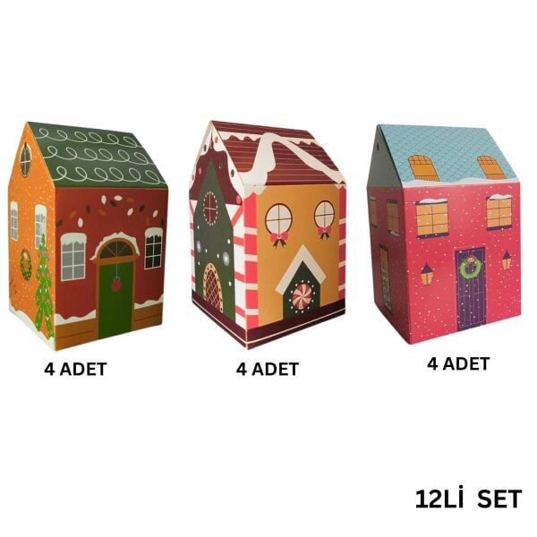 Yılbaşı Ev Tasarımlı Kutu Çanta Seti, Parti, Hediye Çantası, 12li, 8.5x8.5x14 Cm (3 Farklı Desen)
