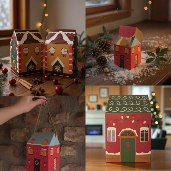 Yılbaşı Ev Tasarımlı Kutu Çanta Seti, Parti, Hediye Çantası, 12li, 8.5x8.5x14 Cm (3 Farklı Desen)