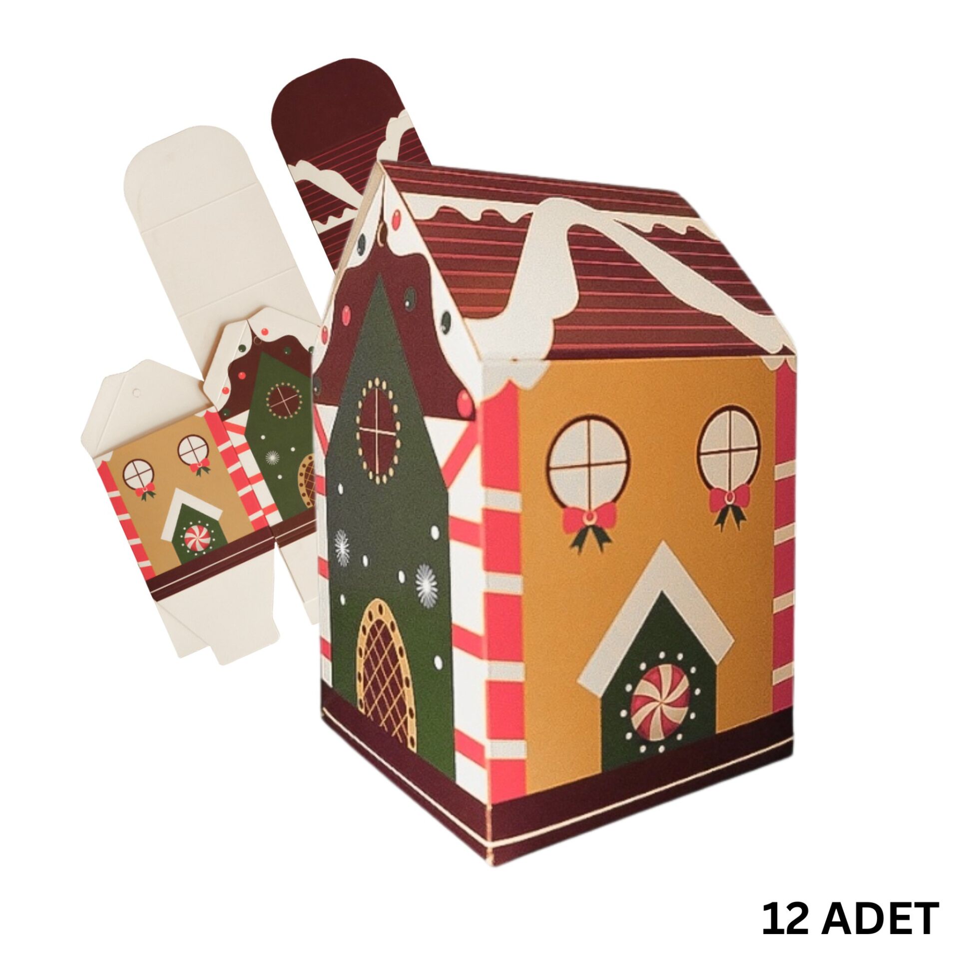 Yılbaşı Ev Tasarımlı Kutu Çanta, Yeniyıl, Parti, Hediye Çantası, 12li, 8.5x8.5x14 Cm, Kahve Çatılı