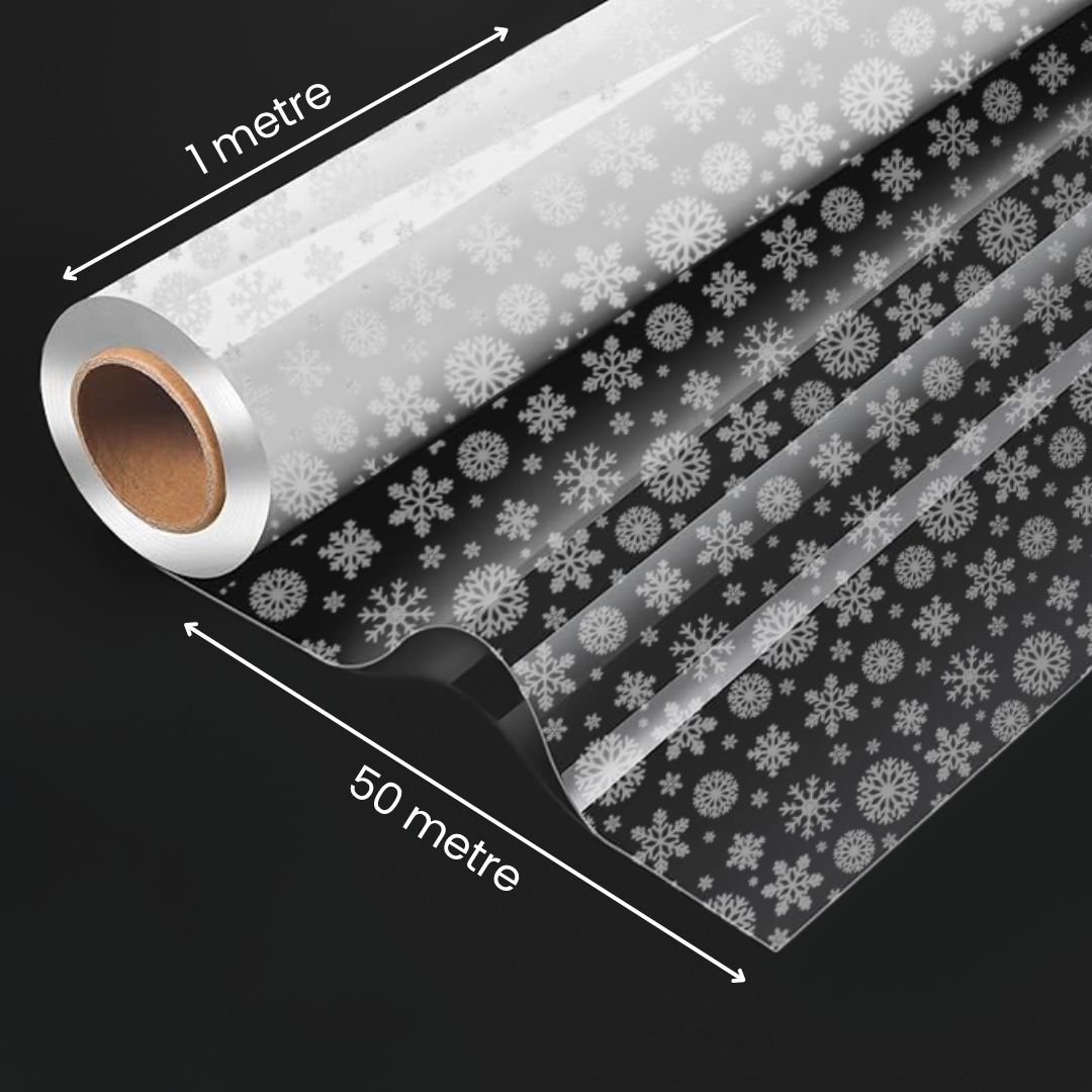 Yılbaşı Kar Tanesi Desenli OPP Şeffaf Rulo Jelatin, Çiçek & Hediye Paketleme, 20 Mikron-1Metre x50M