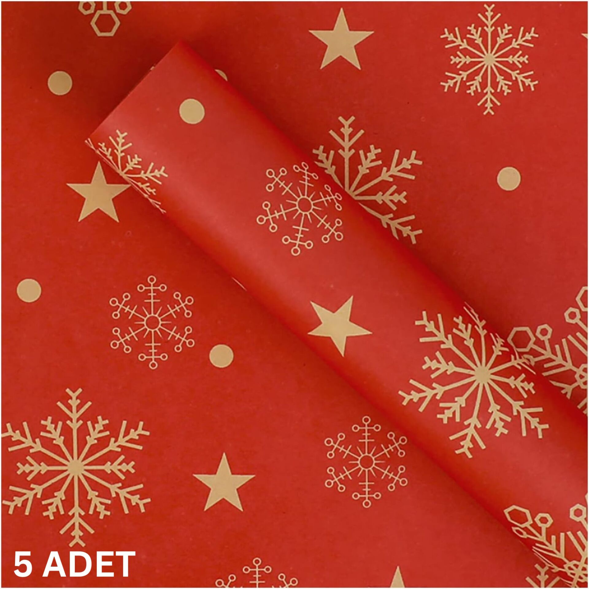 Yılbaşı Kar Tanesi Desenli Çiçek Buket Kağıdı - Hediye ve Ambalaj Kağıdı, Kırmızı, 5 Adet, 58x58 Cm