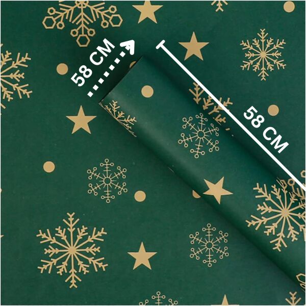 Yılbaşı Kar Tanesi Desenli Çiçek Buket Kağıdı - Hediye ve Ambalaj Kağıdı, Yeşil, 20 Adet, 58x58 Cm